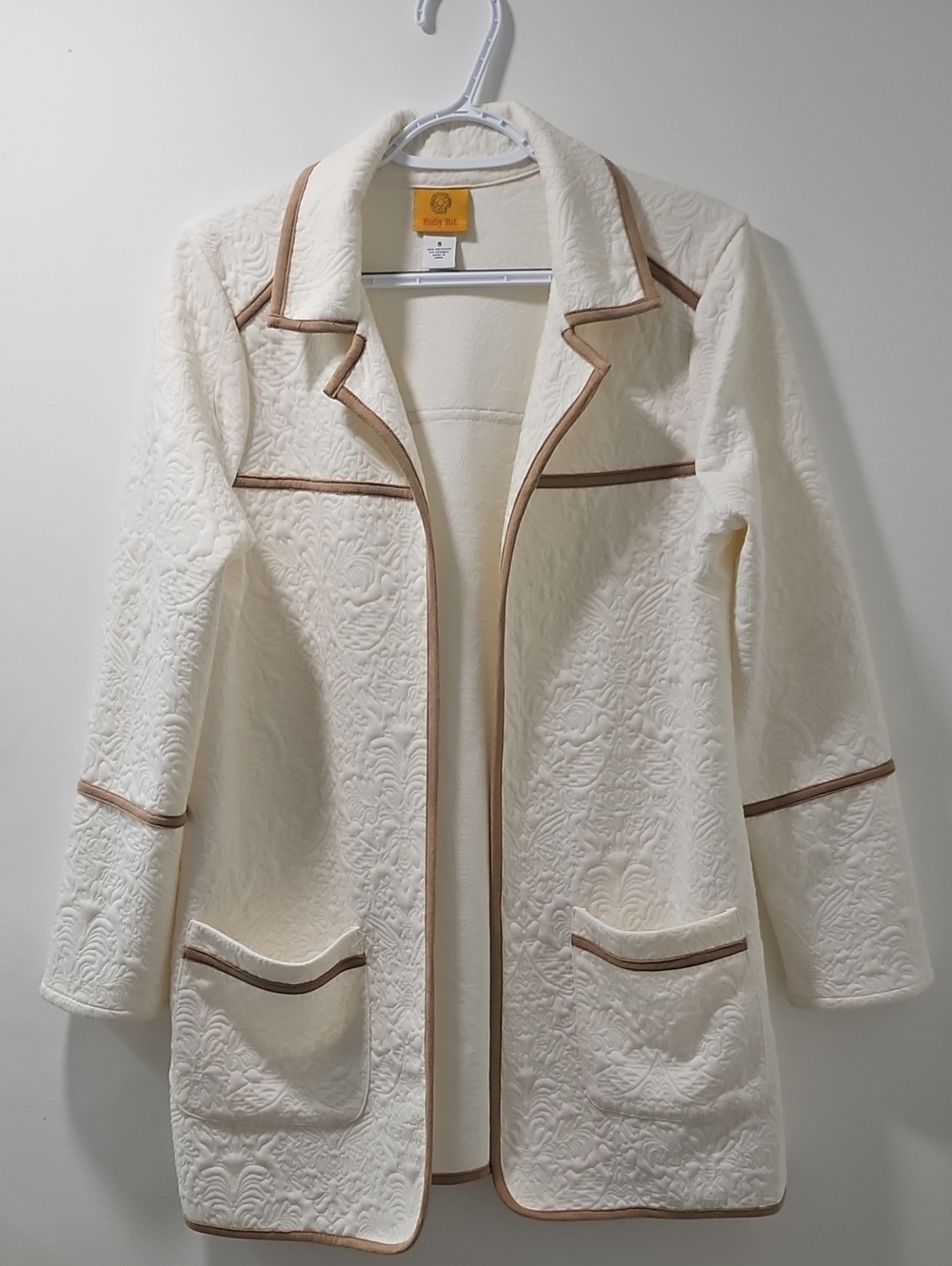 Ruby Rd. Cream Textured Jacquard Open Front Longline Jacket Blazer S
